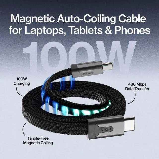 Alt view image 2 of 5 - Statik MagStack Slim Pro - USB C to USB C Cable, Magnetic Anti Tangle Flat Type C Charger Fast Charging Cord, Magnetic Charging Cable, Compatible with iPhone, iPad & Android, 100W 3FT, 5-Pack