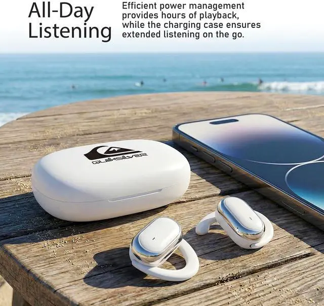 Alt view image 4 of 5 - Quiksilver Open Ear Wireless Earbuds, Bluetooth 5.4 Headphones with Smart Digital Display and Ergonomic Secure Fit Earhook, Touch Controls, Sweat Resistant, Sports/Fitness/Travel/Workouts (Whit