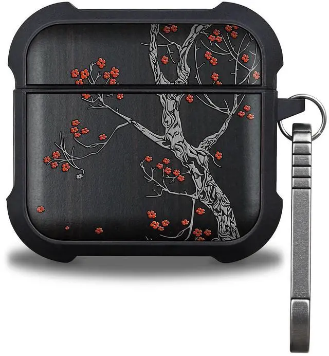 Main image of Patterit for AirPods 4 Case (2024) (USB-C), Shockproof Cover with Quick Released Keychain, Compatible with AirPods 4th Generation, Natural Wood Hand-Drawn (Crimson Bloom) Dark Wood