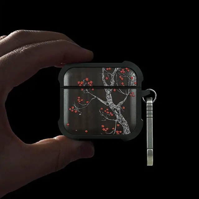 Alt view image 2 of 5 - Patterit for AirPods 4 Case (2024) (USB-C), Shockproof Cover with Quick Released Keychain, Compatible with AirPods 4th Generation, Natural Wood Hand-Drawn (Crimson Bloom) Dark Wood