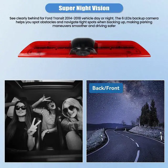Alt view image 4 of 5 - Camecho Top Rear Dual Backup Camera Rear View Compatible for Ford Transit 2014 2015 2016 2017 2018 Van Truck AHD IR Night Vision Waterproof Roof Mount Reversing Brake Light Parking Assist Replaces