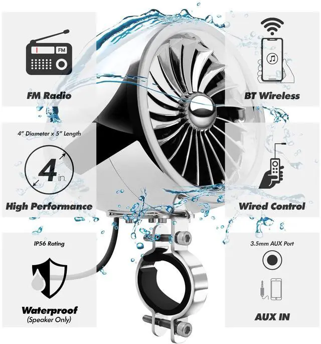 Alt view image 3 of 5 - GoHawk Bluetooth Motorcycle Speakers with Amplifier, Wired Control, FM Radio, 4 Inch Weatherproof Speakers Great for Use with ATVs/Motorcycles
