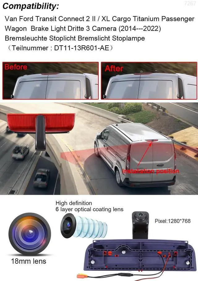 Alt view image 2 of 5 - HD Transporter Caravan Van Brake Light Roof Rear View Reversing Backup Camera with Angle Adjustable Compatible with Ford Transit Connect 2/XL Cargo Titanium Passenger Wagon SUV MPV + 7 Inch Rear View