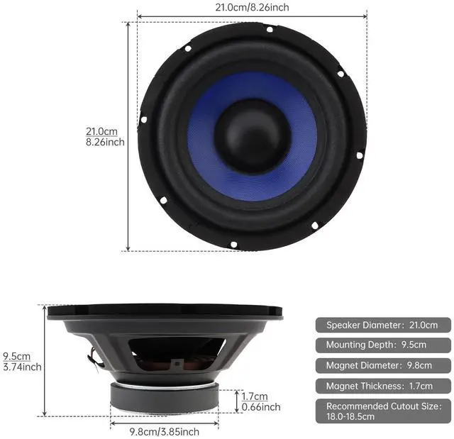 Alt view image 2 of 5 - DriSentri 8 Inch Bass Loudspeaker Woofer Speaker, Wide Frequency Response Car Audio Stereo Speaker for Car Audio/Home Theaters, Blue
