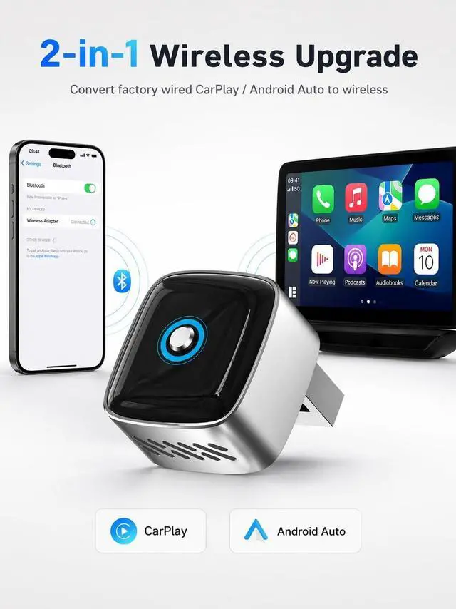 Alt view image 2 of 5 - Pisendra Wireless CarPlay Adapter & Wireless Android Auto Adapter, 2-in-1 Mini Dongle with Multi-Device Switch, 5.8GHz Auto Reconnect, Plug & Play for Factory Wired Cars 2016+ - Silver