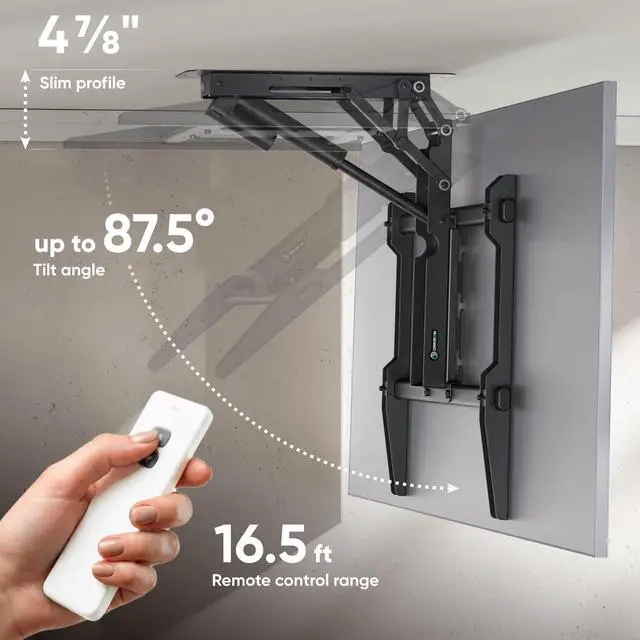 Alt view image 3 of 5 - ONKRON Motorized Ceiling TV Mount for 50-75 Inch TVs up to 88.2 lbs, Electric Ceiling Mount TV Bracket Flip Down, VESA 200x200-600x600, Tilting Mount with Remote, fits Flat & Pitched Roof, Black