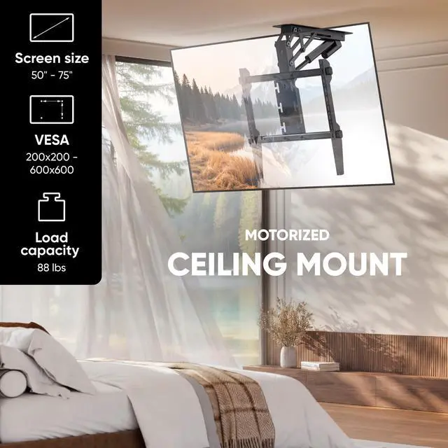 Alt view image 2 of 5 - ONKRON Motorized Ceiling TV Mount for 50-75 Inch TVs up to 88.2 lbs, Electric Ceiling Mount TV Bracket Flip Down, VESA 200x200-600x600, Tilting Mount with Remote, fits Flat & Pitched Roof, Black