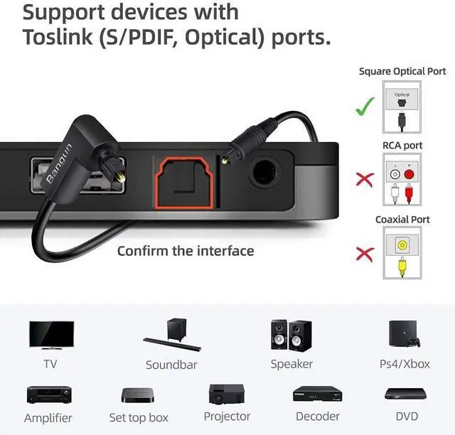 Alt view image 5 of 5 - Bangun 90 Degree Optical Audio Cable 50 feet, Slim Digital Audio Optical Cable, 360 Degree Right Angle Fiber Optic Toslink Cable, Compatible with Sound Bar, TV, Samsung, Vizio, Bose, LG, Son