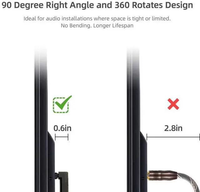 Alt view image 2 of 5 - Bangun 90 Degree Optical Audio Cable 50 feet, Slim Digital Audio Optical Cable, 360 Degree Right Angle Fiber Optic Toslink Cable, Compatible with Sound Bar, TV, Samsung, Vizio, Bose, LG, Son
