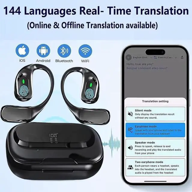 Alt view image 2 of 5 - Smart Language Translator Earbuds, 144 Languages Real-Time Translation, Wireless Bluetooth Earphones with Charging Case, iOS Android Compatible, Online Offline Mode