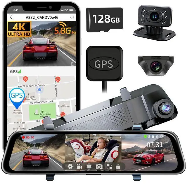 Main image of Pahaa L09 12" 4K Mirror Dash Cam and Backup Camera with Front and Rear Dual Cameras, Built-in GPS, Wi-Fi, Loop Recording, G-Sensor, WDR, and HDR Night Vision, Includes 128GB Memory Card