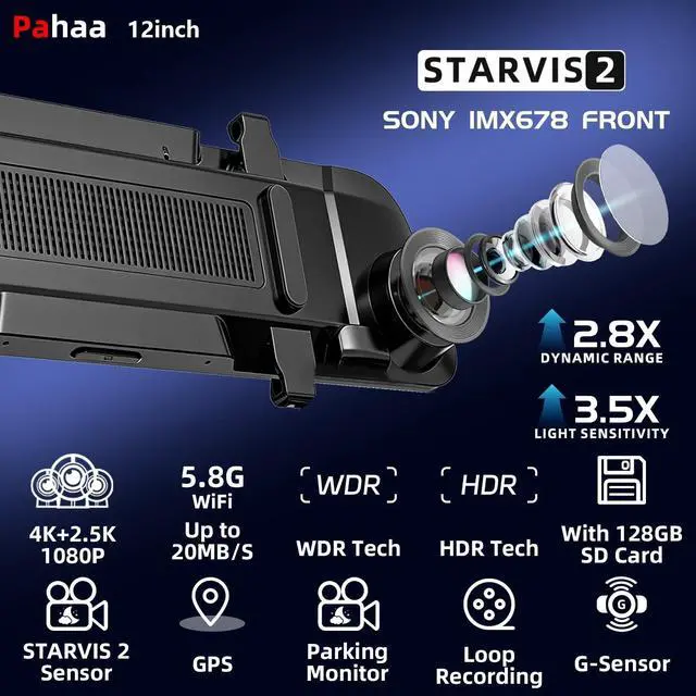 Alt view image 2 of 5 - Pahaa L09 12" 4K Mirror Dash Cam and Backup Camera with Front and Rear Dual Cameras, Built-in GPS, Wi-Fi, Loop Recording, G-Sensor, WDR, and HDR Night Vision, Includes 128GB Memory Card