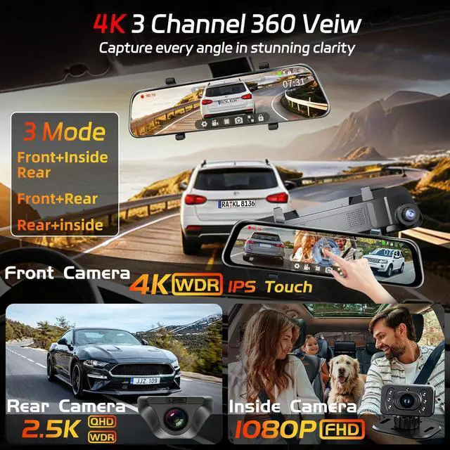 Alt view image 3 of 5 - Pahaa L09 12" 4K Mirror Dash Cam and Backup Camera with Front and Rear Dual Cameras, Built-in GPS, Wi-Fi, Loop Recording, G-Sensor, WDR, and HDR Night Vision, Includes 128GB Memory Card