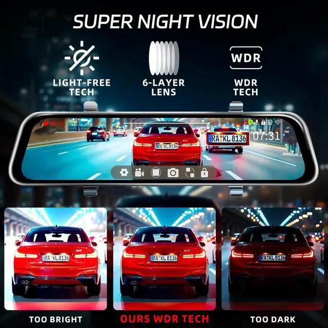 Alt view image 4 of 5 - Pahaa L09 12" 4K Mirror Dash Cam and Backup Camera with Front and Rear Dual Cameras, Built-in GPS, Wi-Fi, Loop Recording, G-Sensor, WDR, and HDR Night Vision, Includes 128GB Memory Card