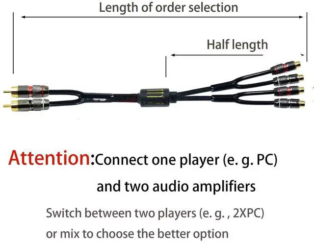 Alt view image 3 of 5 - Arklove 2ft Shielded RCA Plug Splitter Stereo Audio Video Cable 2 Male to 4 Female Dual Speaker Y Adapter Connector Extension Cord 24k Gold Plated 1 Input 2 Output