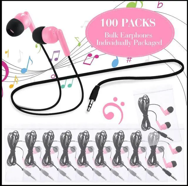Alt view image 2 of 5 - Kanayu 100 Pack Wired Earbuds Bulk for Classroom Ear Headphones Wired Basic Student Earbuds No Microphone with 3.5MM Jack for Class Laptop School Library, Individually Bagged (Pink)