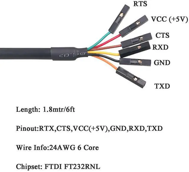 Alt view image 4 of 5 - Mendouconert USB to 6-Pin Dupont Header TTL 3V3 5V UART Cable 1.8m, USB to TTL Serial Converter Cable for Arduino, Raspberry Pi,FT232 Compatible (Level 5V)