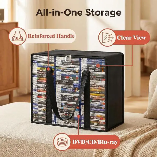 Alt view image 2 of 5 - PUTNATRUE DVD Storage Bags 4 Pack - DVD Organizer with Handles & Zipper, Clear Media Holder Box for CD, Blu-ray Discs, Video Games, VHS - Each Bag Holds 70 DVDs, Total 280 Disc Capacity