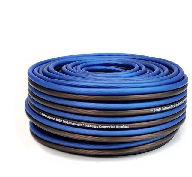 Main image of KnuKonceptz Bassik 14 Gauge AWG Speaker Wire Cable with Soft Touch Ultra Flex PVC for Home Theater Speakers and Car Audio - Blue/Black 250 Feet