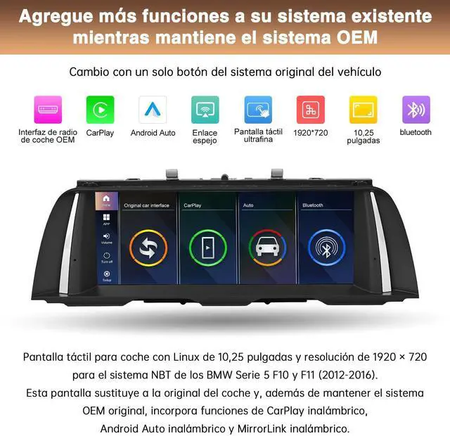 Alt view image 3 of 5 - 10.25 Inch Touchscreen Wireless CarPlay Android Auto for BMW 5 Series F10 F11 2012-2017 with NBT System Car Audio Receiver Support Mirrorlink