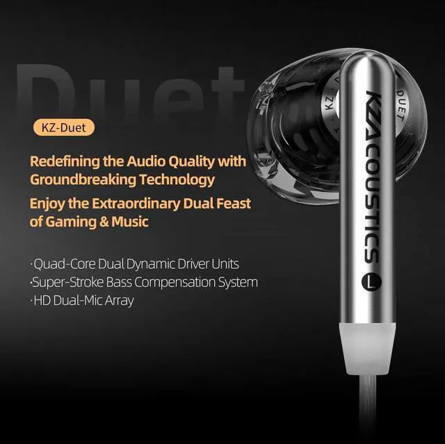 Alt view image 2 of 5 - KZ Duet IEM Gaming Earbuds, Dual Drivers Hi-Fi in Ear Monitor with Dual Mic, 3.5mm Wired for Phone PC (3.5MM Microphone, White)