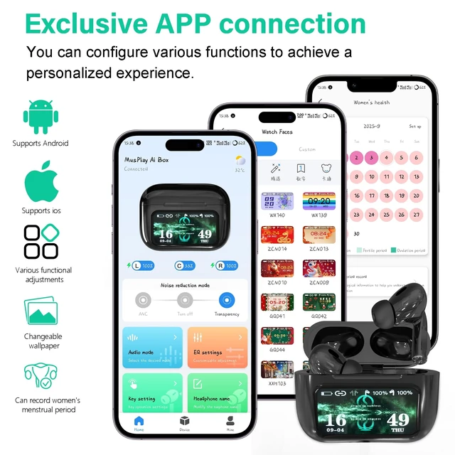 Alt view image 3 of 5 - ONES MusPlayE AI Wireless Earbuds, AI Translator, Bluetooth 5.4 Headphones in Ear with Touch Screen, Active Noise Cancelling, APP Connected, Hi-Fi Bass, for iPhone, Android, Sports, Commuting,