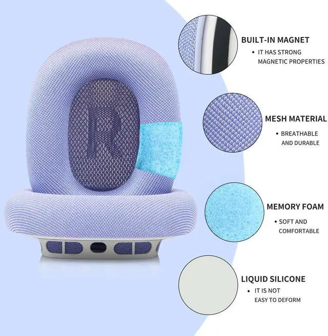 Alt view image 4 of 5 - SINOWO Upgraded Ear Cushions for Apple AirPods Max Headphones, Silica Gel Mesh Fabric Replacement Ear Pads Cover with Memory Foam and Magnet,Closer to The Original(Purple)