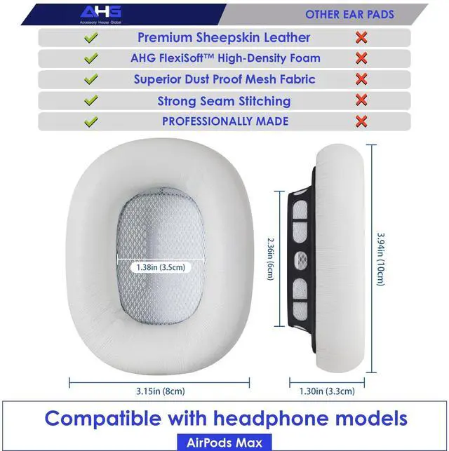 Alt view image 4 of 5 - AHG Accessory House Global Upgraded Sheepskin Leather Replacement air pods max ear Cushions pads compatible with Apple AirPods Max Headphones (Silver). Easy DIY Fit ^^ High-Density Foam ^^ Strong Magn