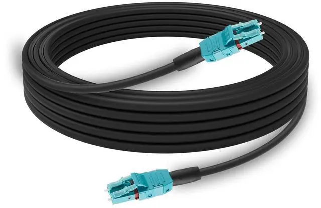 Main image of OM3 LC to LC Outdoor Armored Fiber Optic Cable, 49ft/15m, Low Friction LSZH Duplex Multimode 50/125um Uniboot Fiber Patch Cable, OD: 5mm Black