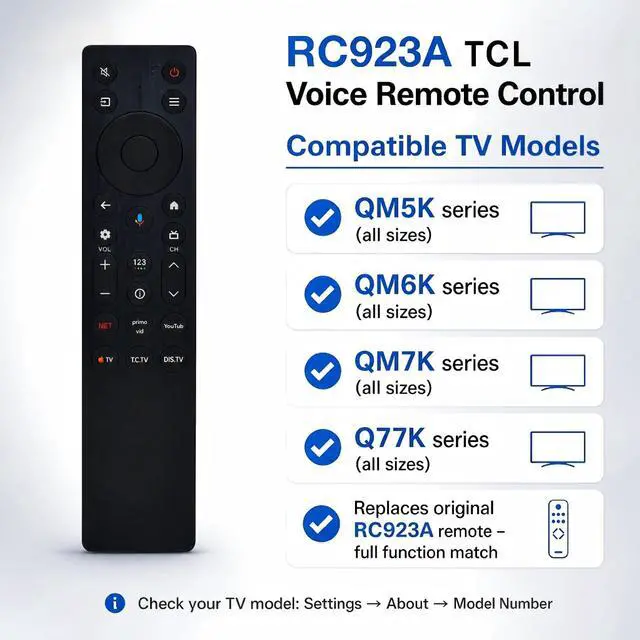 Alt view image 2 of 5 - RC923A FMB1 TV Remote Replacement for TCL 50QM6K 55QM6K 55QM7K 65QM6K 65QM7K 75QM6K 75QM7K 85QM6K 85QM7K 98QM6K 98QM7K Voice Control with Net/YouTub/Primevid Shortcut