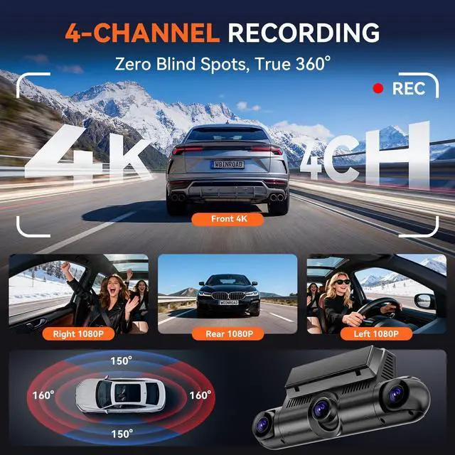 Alt view image 2 of 5 - 4K+3x1080P 4 Channel Dash Cam, 360 All-Around View Dash Camera for Cars, Free 128GB Card Included, Built-in GPS, 5.8GHz Wi-Fi & App, 8 IR Night Vision, G-Sensor, 24H Parking Mode(Supports 256GB Max)