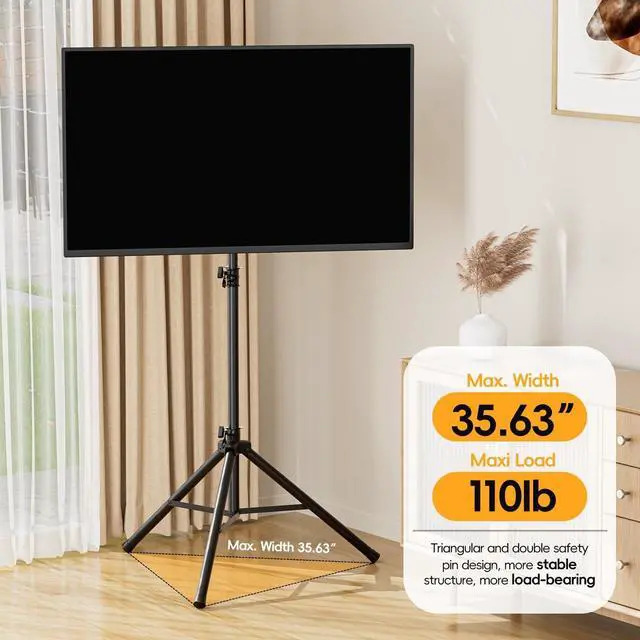 Alt view image 2 of 5 - UEAKPIC Portable Tripod TV Stand for 25 to 65, 70-inch Television with 15Tilt, 5 Pillar Height, Dual Safety Pins, Tall Tvstand Maxi Load 110 lbs, for Bedroom, Living Room and Outdoors, Black