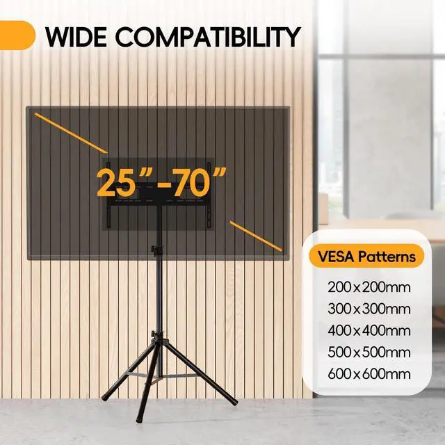 Alt view image 4 of 5 - UEAKPIC Portable Tripod TV Stand for 25 to 65, 70-inch Television with 15Tilt, 5 Pillar Height, Dual Safety Pins, Tall Tvstand Maxi Load 110 lbs, for Bedroom, Living Room and Outdoors, Black
