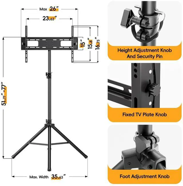 Alt view image 5 of 5 - UEAKPIC Portable Tripod TV Stand for 25 to 65, 70-inch Television with 15Tilt, 5 Pillar Height, Dual Safety Pins, Tall Tvstand Maxi Load 110 lbs, for Bedroom, Living Room and Outdoors, Black