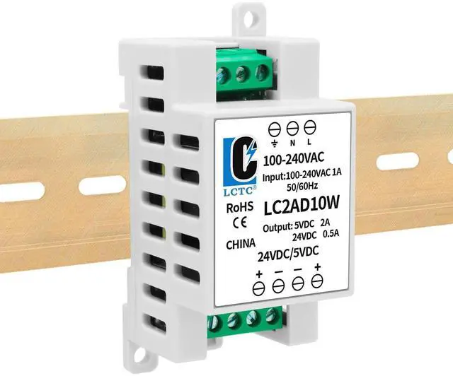 Main image of 24v 5v Power Supply din Rail2A 0.5A,Dual Output 10W,Input 100-240Vac,120VAC 115v to 5 Volt, LED, CCTV, Arduino, DIY Electronics Transformer Converter