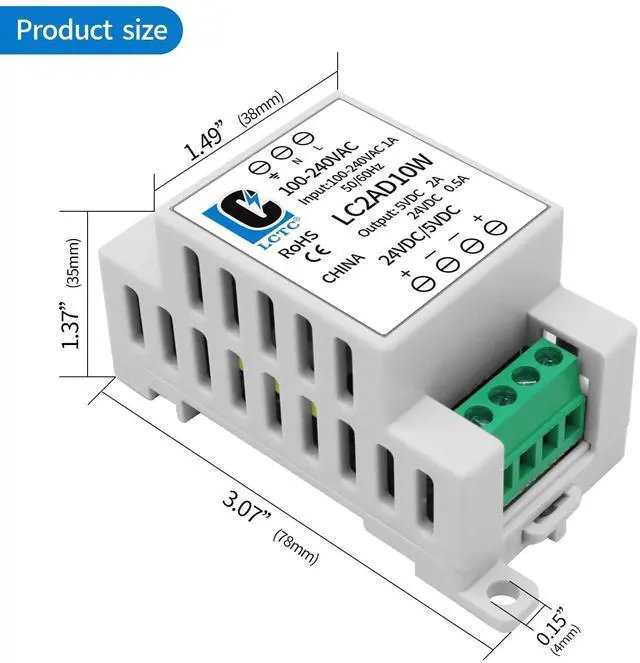 Alt view image 5 of 5 - 24v 5v Power Supply din Rail2A 0.5A,Dual Output 10W,Input 100-240Vac,120VAC 115v to 5 Volt, LED, CCTV, Arduino, DIY Electronics Transformer Converter