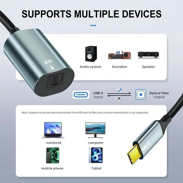 Alt view image 3 of 5 - OBISAMTITS Unidirectional USB C to Toslink Digital Optical Audio Cable 8-inch Type C Male to SPDIF Port Female Fiber Optic Adapter for Windows/Laptops/Mac(Not for TVs, Not an Optical to USB C Cable)