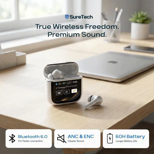 Alt view image 2 of 5 - SureTech Active Noise Cancelling Wireless Earbuds - 60 Hours Battery Life, ANC/ENC AI Translation Ear Buds, Bluetooth 6.0, in-Ear, Touch Control, Waterproof Earbuds, Charging Case with Silicone