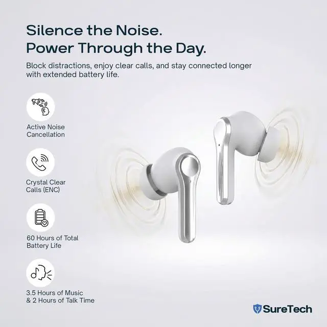 Alt view image 5 of 5 - SureTech Active Noise Cancelling Wireless Earbuds - 60 Hours Battery Life, ANC/ENC AI Translation Ear Buds, Bluetooth 6.0, in-Ear, Touch Control, Waterproof Earbuds, Charging Case with Silicone