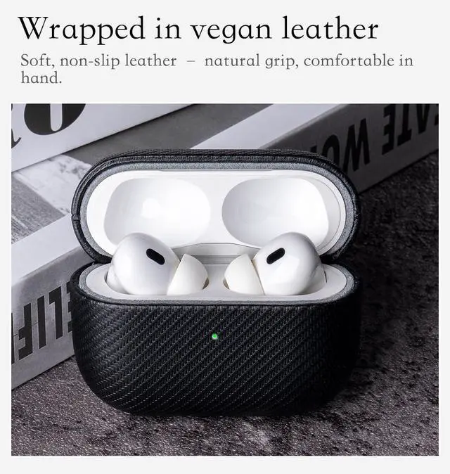 Alt view image 3 of 5 - HanFab for AirPods Pro 3 Case Cover - Full Vegan Leather Wrap, No Plastic Seen or Felt ^^ Carbon Fiber Finish Synthetic Leather ^^ Scratch Proof Microfiber Lining ^^ Hard Case for AirPo