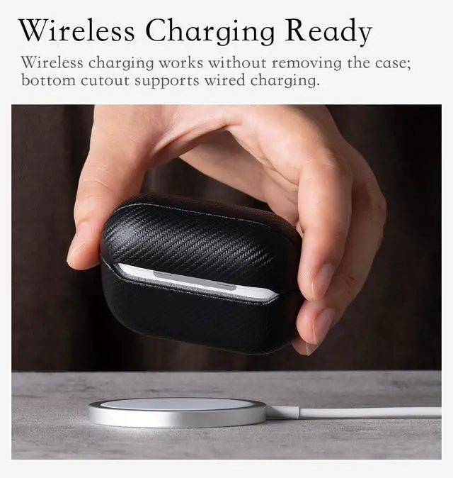 Alt view image 5 of 5 - HanFab for AirPods Pro 3 Case Cover - Full Vegan Leather Wrap, No Plastic Seen or Felt ^^ Carbon Fiber Finish Synthetic Leather ^^ Scratch Proof Microfiber Lining ^^ Hard Case for AirPo