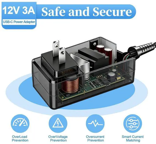 Alt view image 3 of 5 - Compatible with GMKtec/KAMRUI/ACEMAGICIAN/for G5 N97 Mini PC 12V 0-3A Type-C Power Supply Adapter (Input 100V-240V, Output 12 Volt 0-3 Amp 36Watt), Typc-C Universal and for Security Camera Router