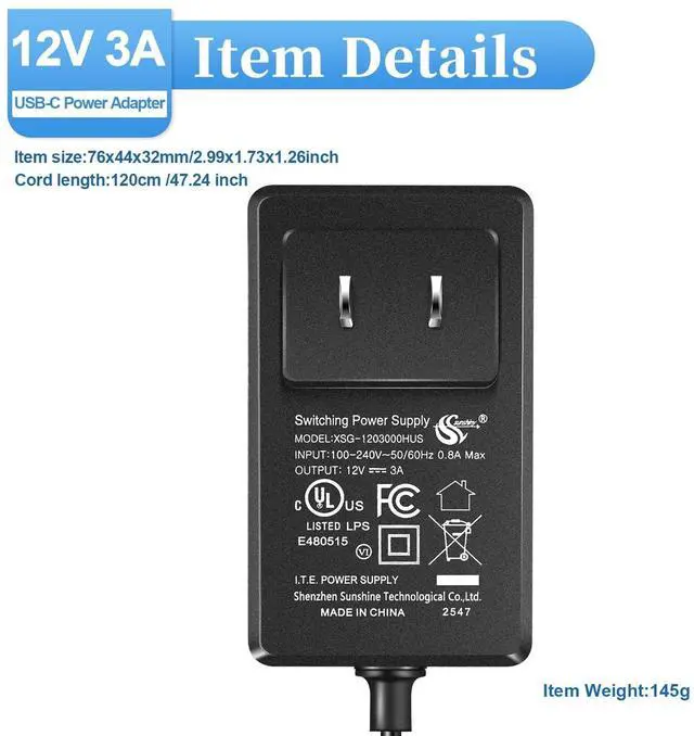 Alt view image 2 of 5 - Compatible with GMKtec/KAMRUI/ACEMAGICIAN/for G5 N97 Mini PC 12V 0-3A Type-C Power Supply Adapter (Input 100V-240V, Output 12 Volt 0-3 Amp 36Watt), Typc-C Universal and for Security Camera Router