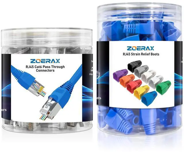 Main image of ZOERAX 100-Pack RJ45 Pass Through Connectors with Boots,Ethernet Connector Gold Plated RJ45 Shielded Connectors for Solid or Stranded FTP/STP Cable