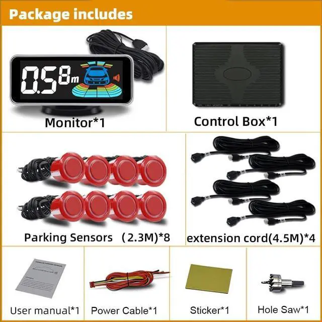 Alt view image 2 of 5 - ELSNU Car Parking Sensors Kit Reverse Parktronic System Auto Electronics Vehicle Backup Assistant Reverse 8 Sensor (Red)