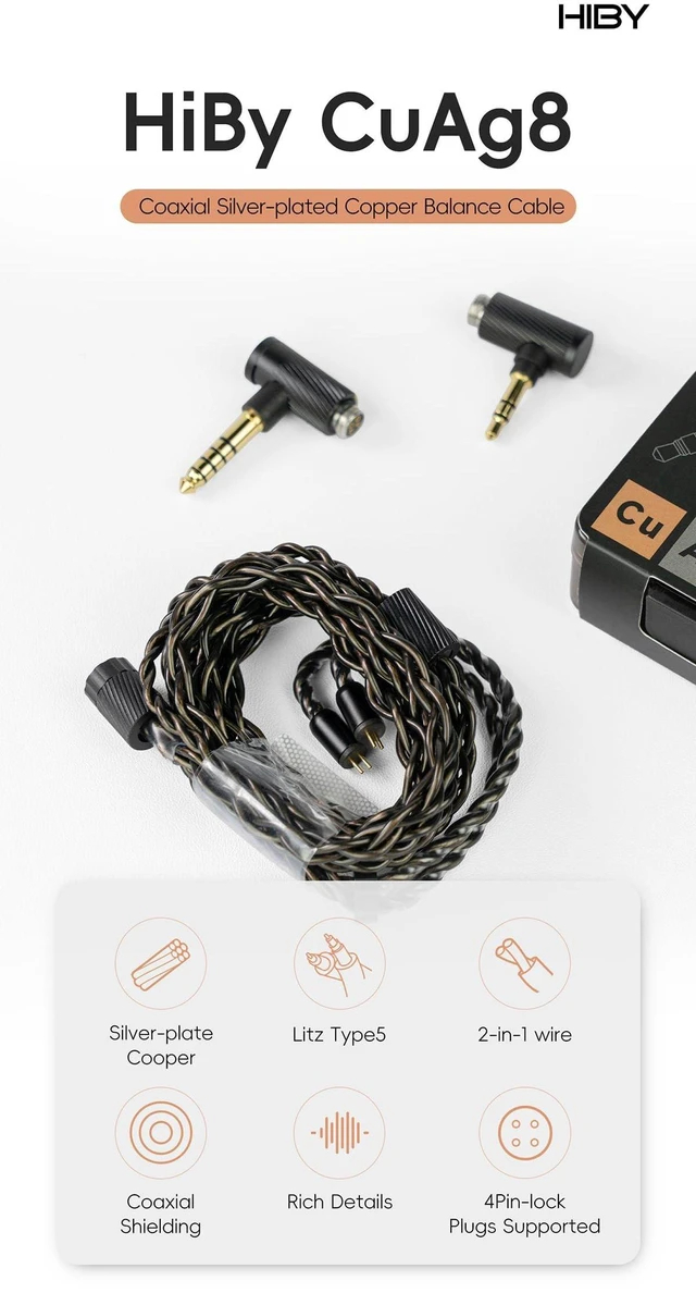 Alt view image 2 of 5 - HiBy CuAg8 Balance Earphone Cable Coaxial Silver-Plated Copper Litz Type5 Coaxial Shielding 4Pin-Lock Plugs 3.5mm+4.4mm Jack