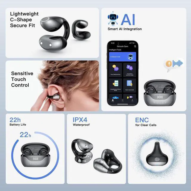 Alt view image 4 of 5 - Kieslect Clip on Open Ear Wireless Bluetooth Headphones with AI 165 Language Translator, Real Time Translation Earbuds with Wireless Charging Case, Black, Active Noise Cancelling