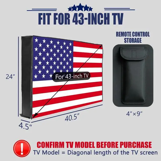 Alt view image 3 of 5 - IC ICLOVER Outdoor TV Cover 43 Inch, 600D Heavy Duty 4 Season Weatherproof TV Screen Protector with Waterproof Zipper & Remote Control Pocket, Outside Television Enclosure for LED, LCD TVs -US Flag
