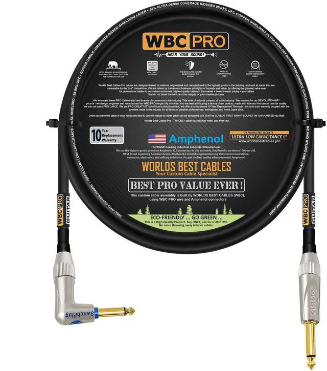 Main image of 6 Foot - WBC-PRO-Guitar 20 AWG - Low-Cap (18pF/ft) Pro-Grade Graphite-Based - Dual-Shielded Guitar Bass Instrument Cable w/Amphenol Straight - Angled (Silent) Inch (6.35mm) Gold TS Plugs