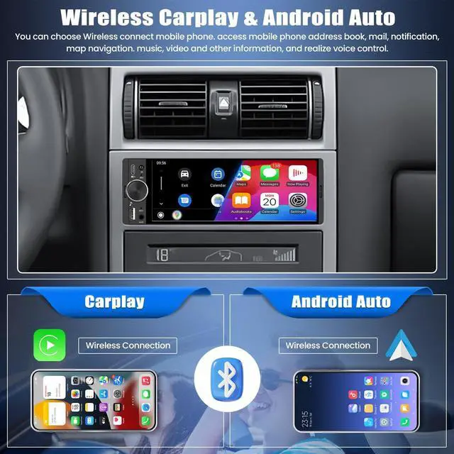 Alt view image 2 of 5 - Single Din Car Radio with Wireless CarPlay & Android Auto,6.28 Inch HD IPS Touchscreen Single Din Stereo with Bluetooth Backup Camera,Car Radio Supports Bluetooth/SWC/FM Radio/USB/TF